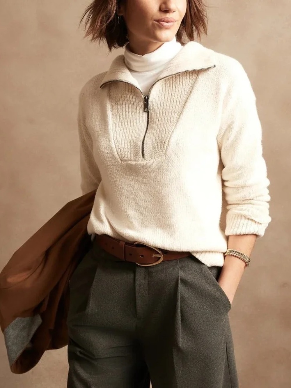 Banana Republic Cream Half-Zip Cowl Sweater